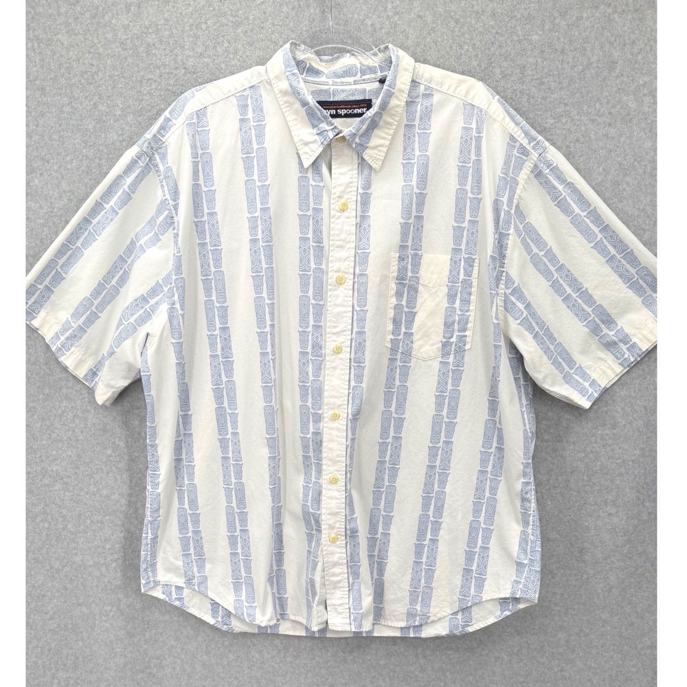 Reyn Spooner Shirt Mens XXL White Blue Tiki Totem Print Short Sleeve Cotton